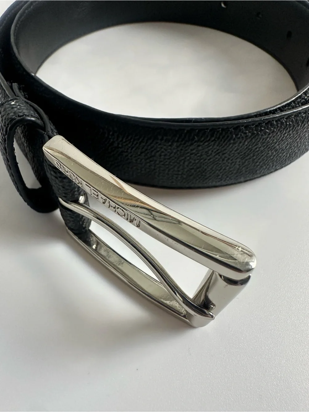 Michael Kors Black Leather Men's Belt with Silver-Tone Buckle